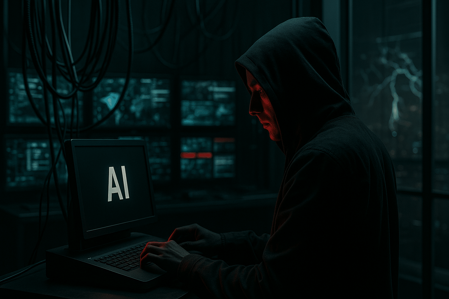 Hooded hacker using AI on a laptop in a dark room with cyber data on screens