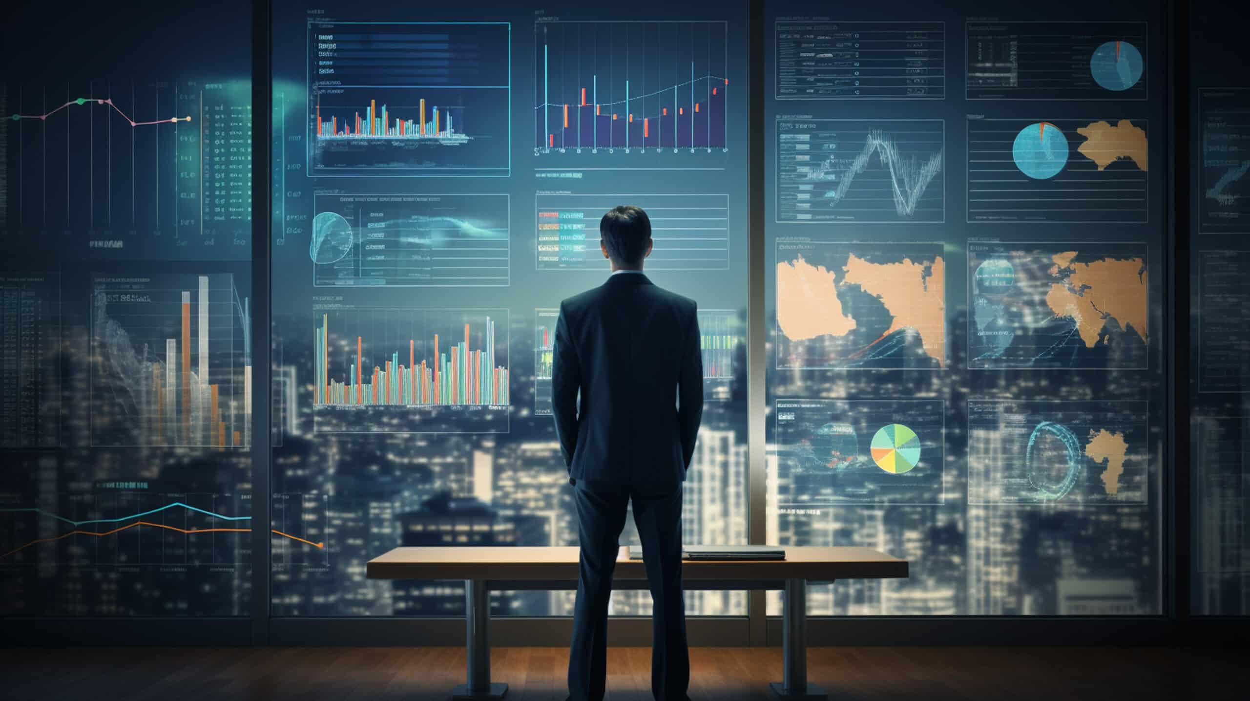 Business professional analyzing cybersecurity risk assessment dashboards in a modern office