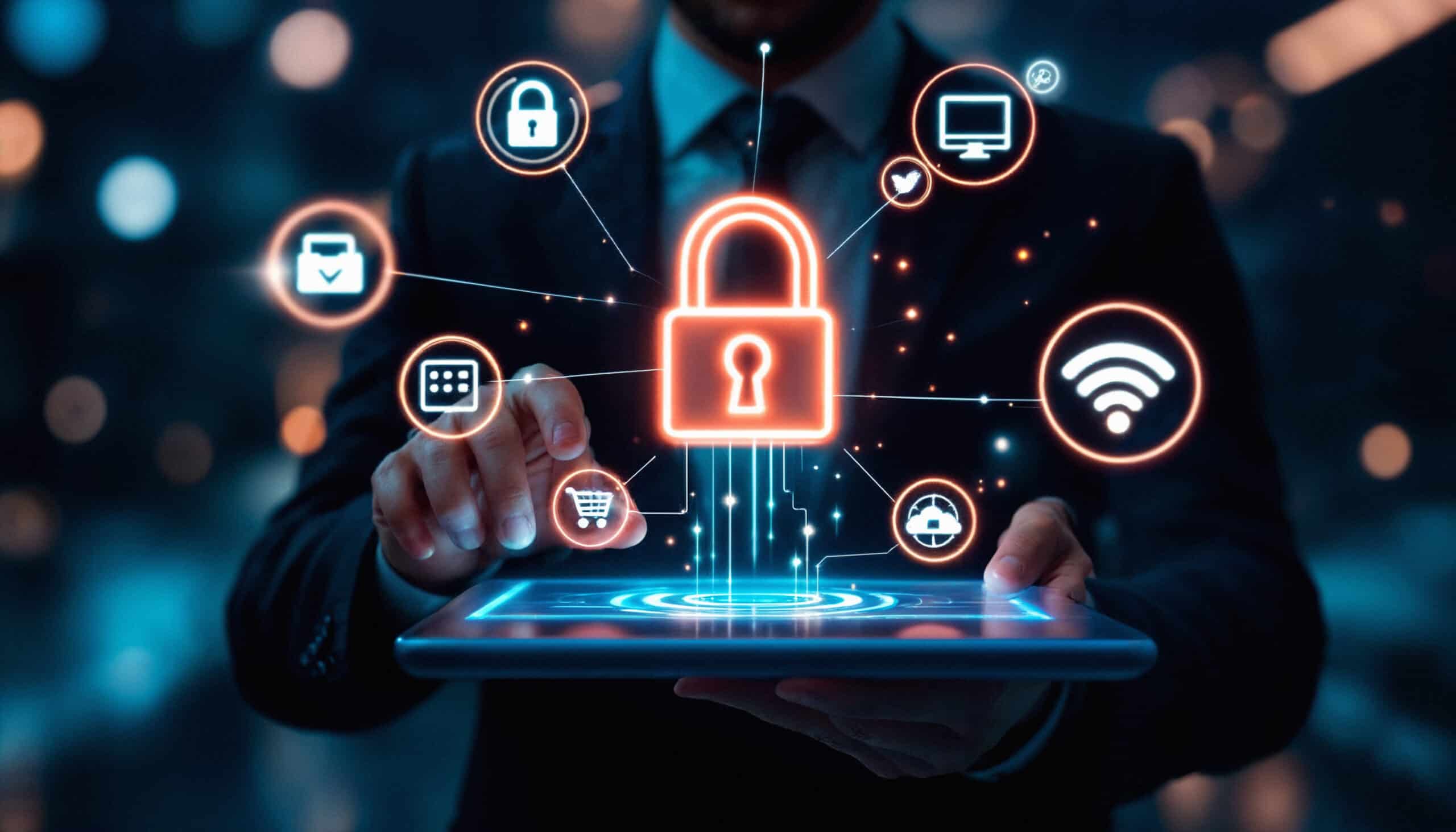 Person using a tablet to control digital security icons including lock, Wi-Fi, and cloud